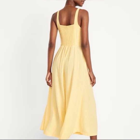 Old Navy Butter Yellow Fit & Flare Linen-Blend Midi Dress Color:Sweet Butter - Picture 2 of 8